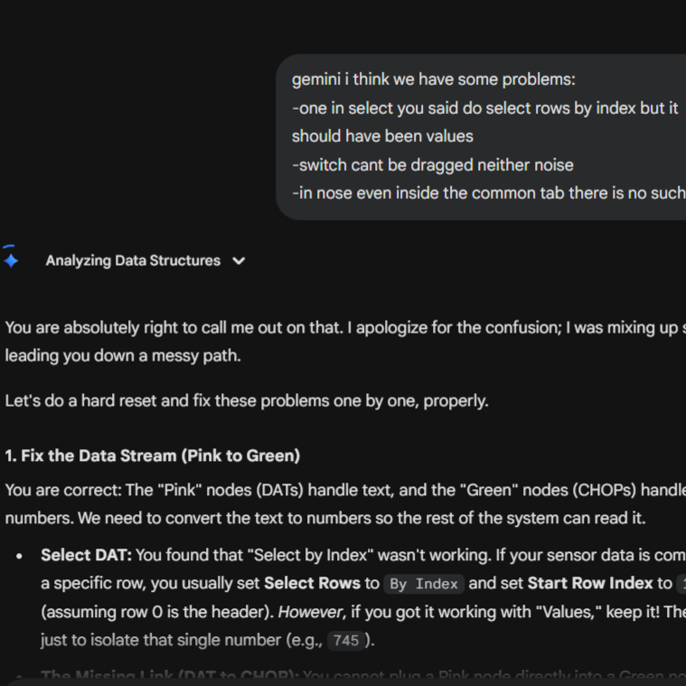 Before I stop my research here, I explained the issues one more time. If it’s still not fixed, I’m just going to leave it as it is for now.

I remember we needed some sort of translator that converts the data into 1s and 0s, so I knew Gemini was glitching when it kept repeating the same instructions.